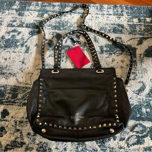 Valentino Rockstud Leather Crossbody Tote Handbag Purse, Black w/ Metallic Studs